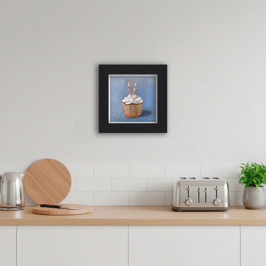 Black Framed Birthday Cupcake Square Giclee Art Print in Kitchen