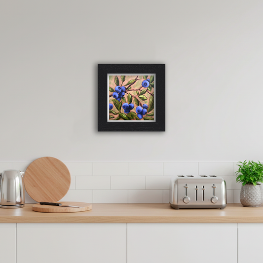 Black Framed Blueberry Bush Square Giclee Art Print in Kitchen