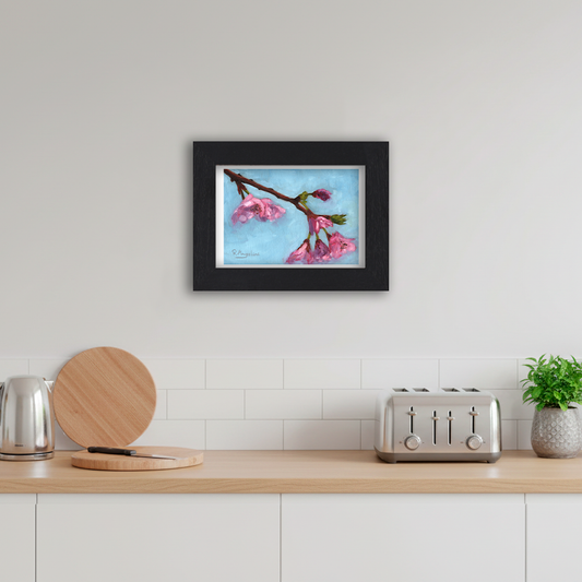 Black Framed Cherry Blossom Giclee Art Print in Kitchen
