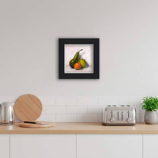 Black Framed Fruit Still Life Square Giclee Art Print in Kitchen