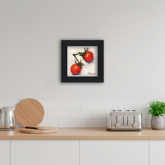 Black Framed Pair of Cherry Tomatoes Square Giclee Art Print in Kitchen