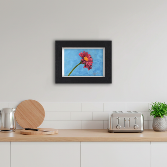 Black Framed Pink Daisy Giclee Art Print in Kitchen