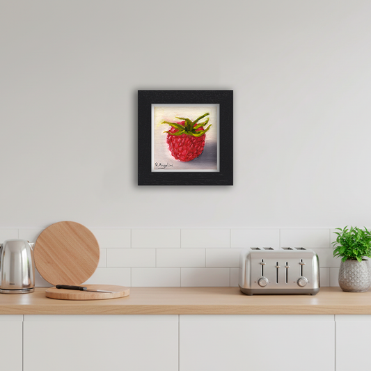 Black Framed Raspberry Square Giclee Art Print in Kitchen