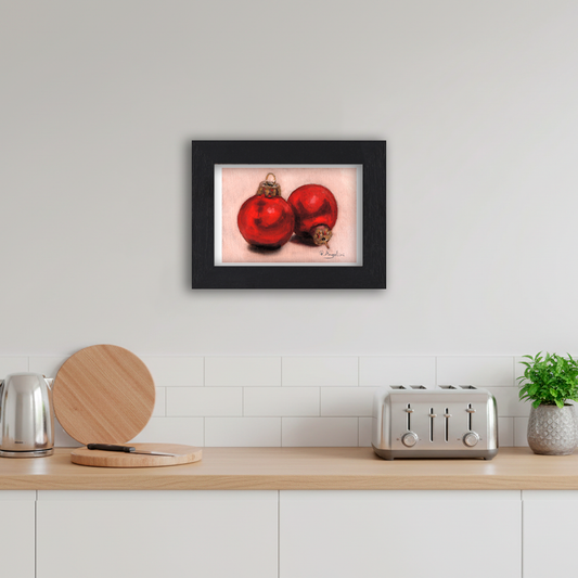 Black Framed Red Baubles Giclee Art Print in Kitchen