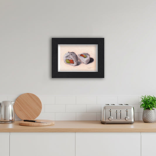Black Framed Salmon Avocado Sushi Rolls Giclee Art Print in Kitchen