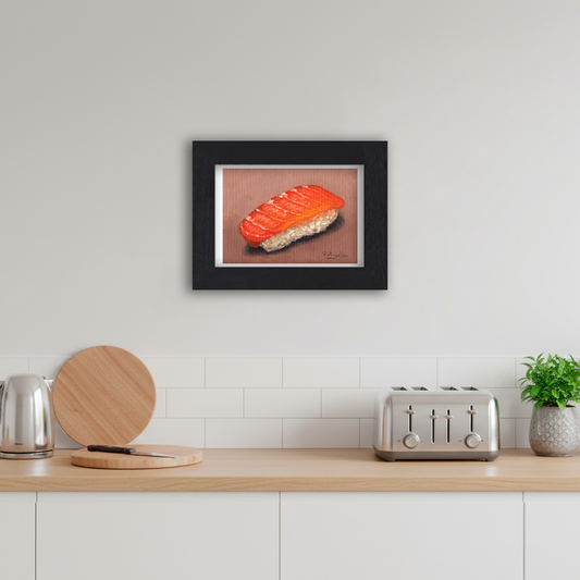 Black Framed Salmon Sushi Giclee Art Print in Kitchen