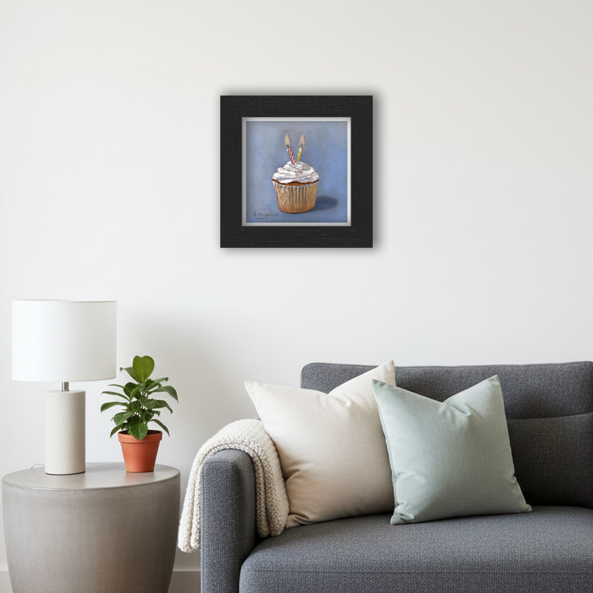 Black Framed Birthday Cupcake Square Giclee Art Print in Living Room
