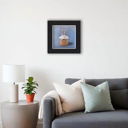Black Framed Birthday Cupcake Square Giclee Art Print in Living Room