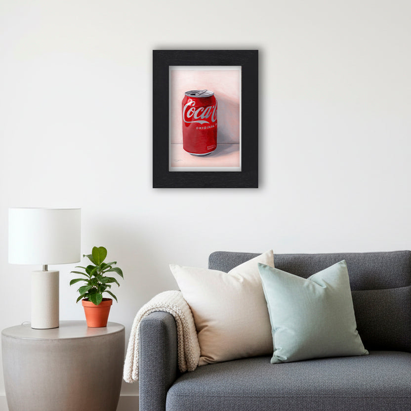 Black Framed Can of Coca Cola Giclee Art Print in Living Room