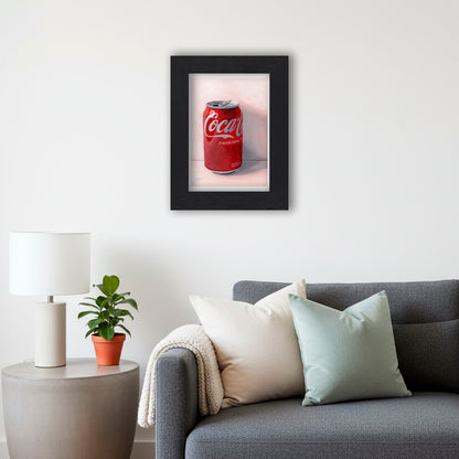 Black Framed Can of Coca Cola Giclee Art Print in Living Room