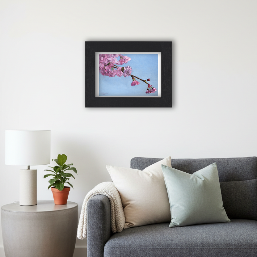 Black Framed Cherry Blossom Tree Giclee Art Print in Living Room