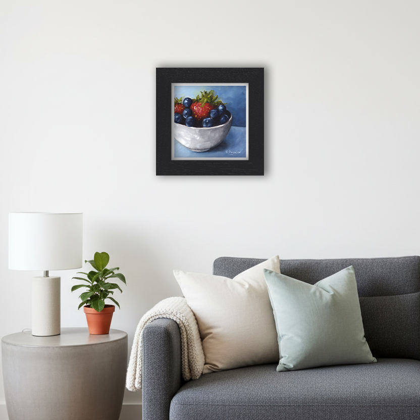 Black Framed Fruit Bowl Square Giclee Art Print in Living Room