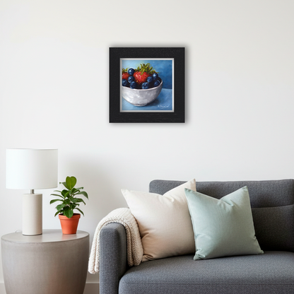 Black Framed Fruit Bowl Square Giclee Art Print in Living Room