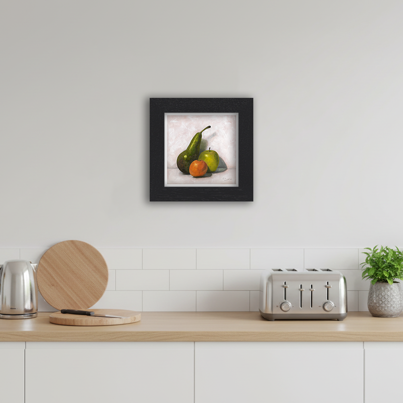 Black Framed Fruit Still Life Square Giclee Art Print in Kitchen