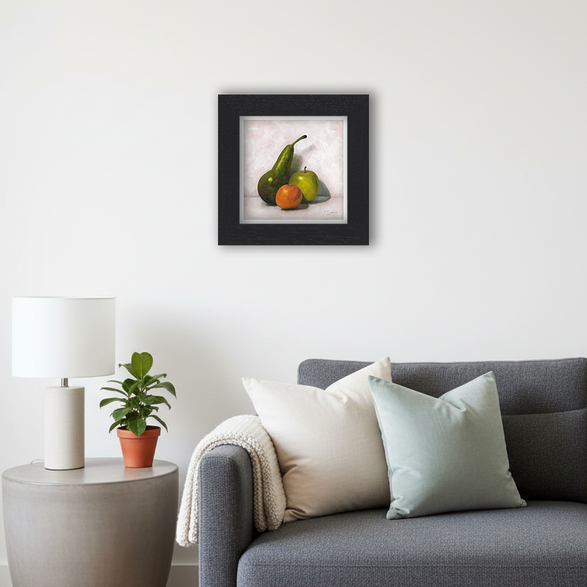 Black Framed Fruit Still Life Square Giclee Art Print in Living Room