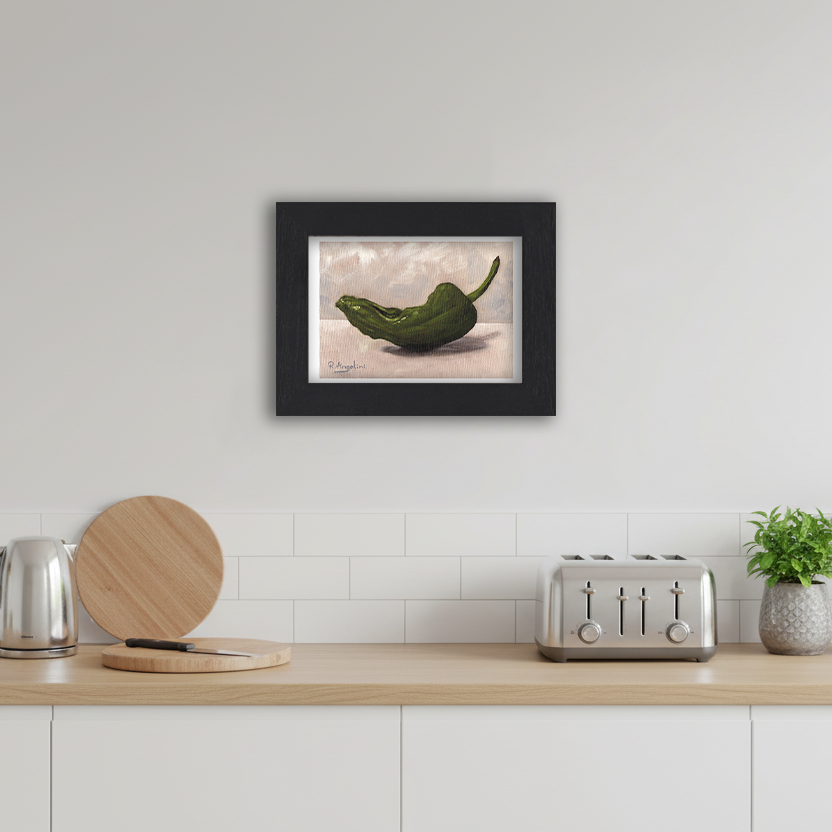 Black Framed Green Chilli Giclee Art Print in Kitchen