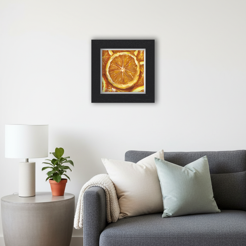 Black Framed Orange Slices Square Giclee Art Print in Living Room
