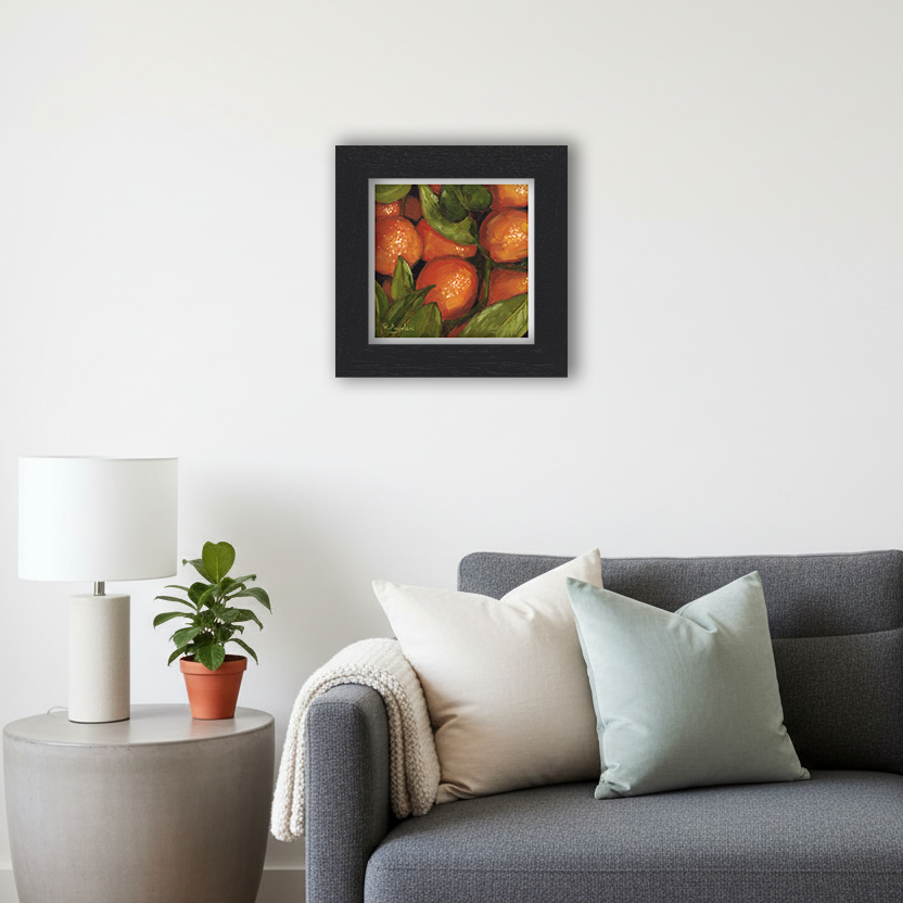 Black Framed Orange Tree Square Giclee Art Print in Living Room