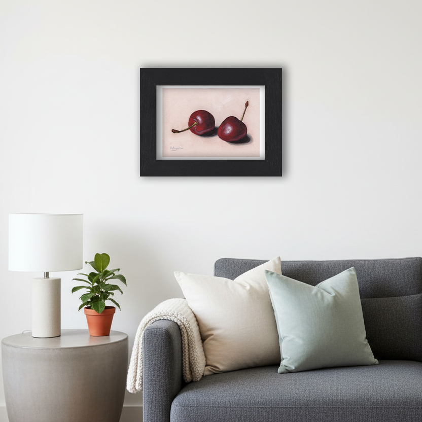 Black Framed Pair of Cherries Giclee Art Print in Living Room