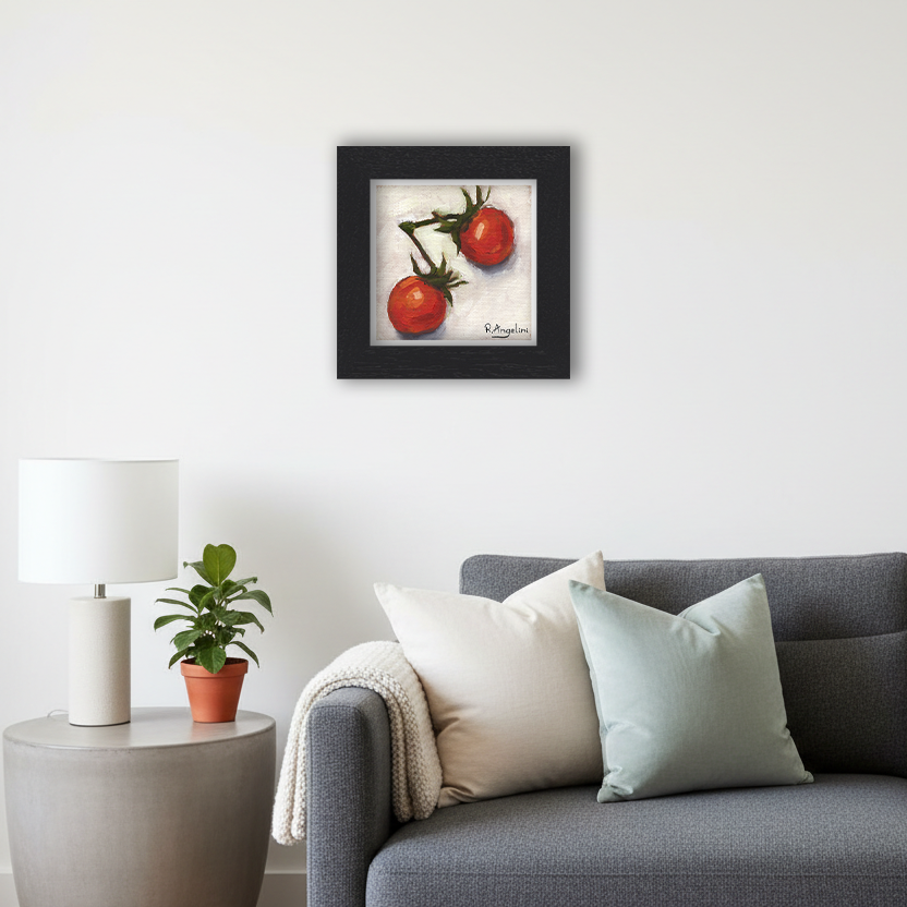Black Framed Pair of Cherry Tomatoes Square Giclee Art Print in Living Room