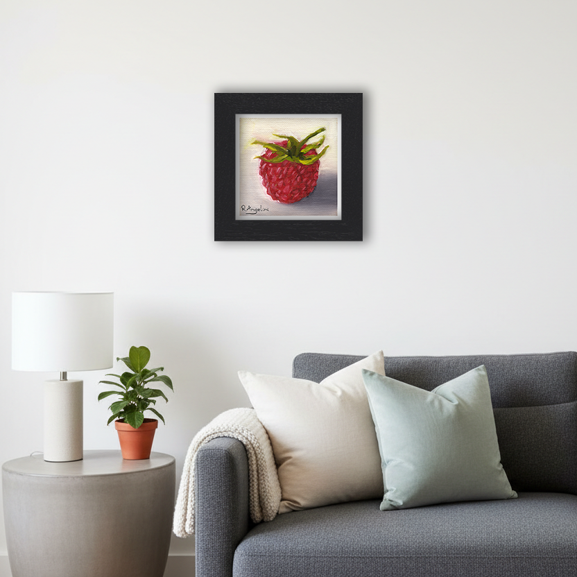 Black Framed Raspberry Square Giclee Art Print in Living Room