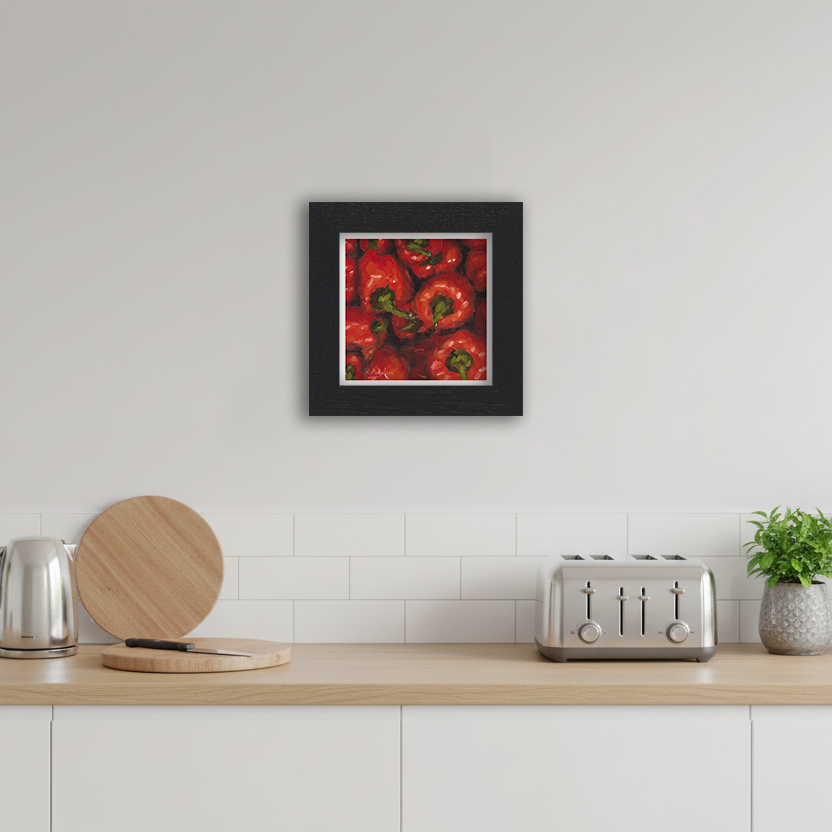 Black Framed Red Peppers Square Giclee Art Print in Kitchen