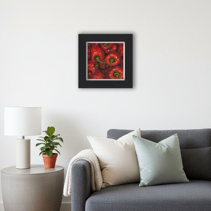 Black Framed Red Peppers Square Giclee Art Print in Living Room