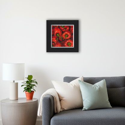 Black Framed Red Peppers Square Giclee Art Print in Living Room