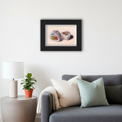 Black Framed Salmon Avocado Sushi Rolls Giclee Art Print in Living Room