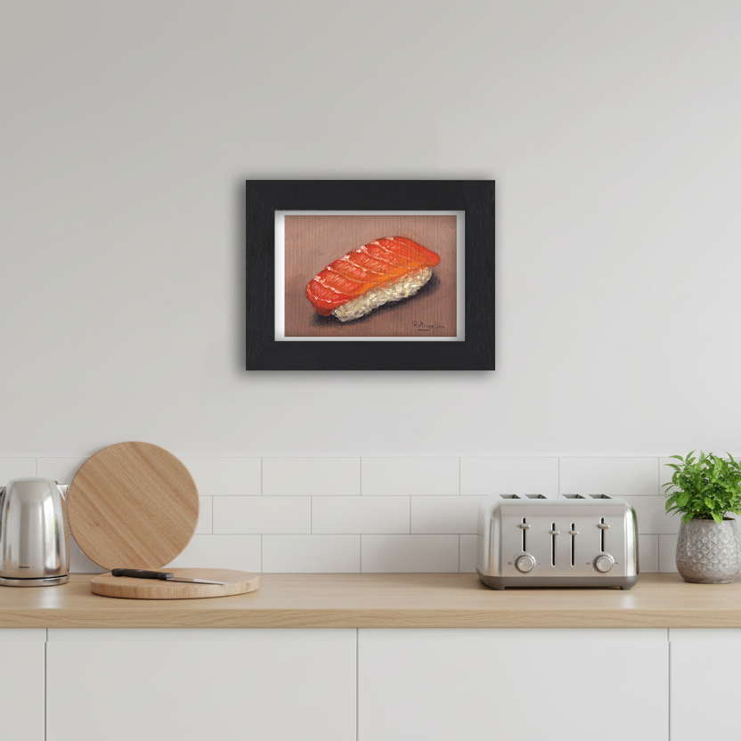 Black Framed Salmon Sushi Giclee Art Print in Kitchen