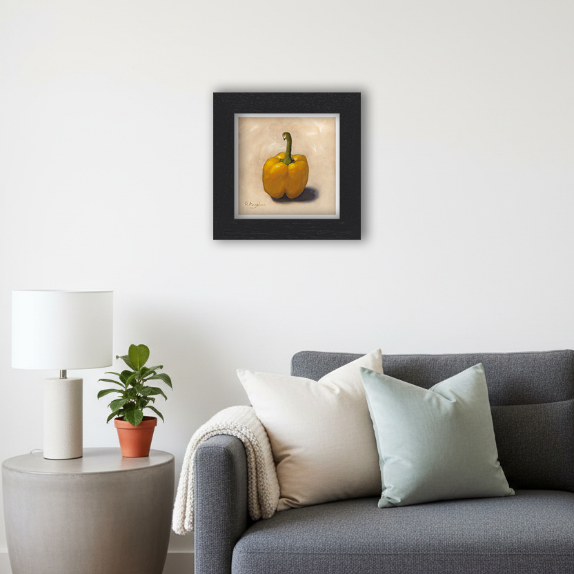 Black Framed Yellow Pepper Square Giclee Art Print in Living Room
