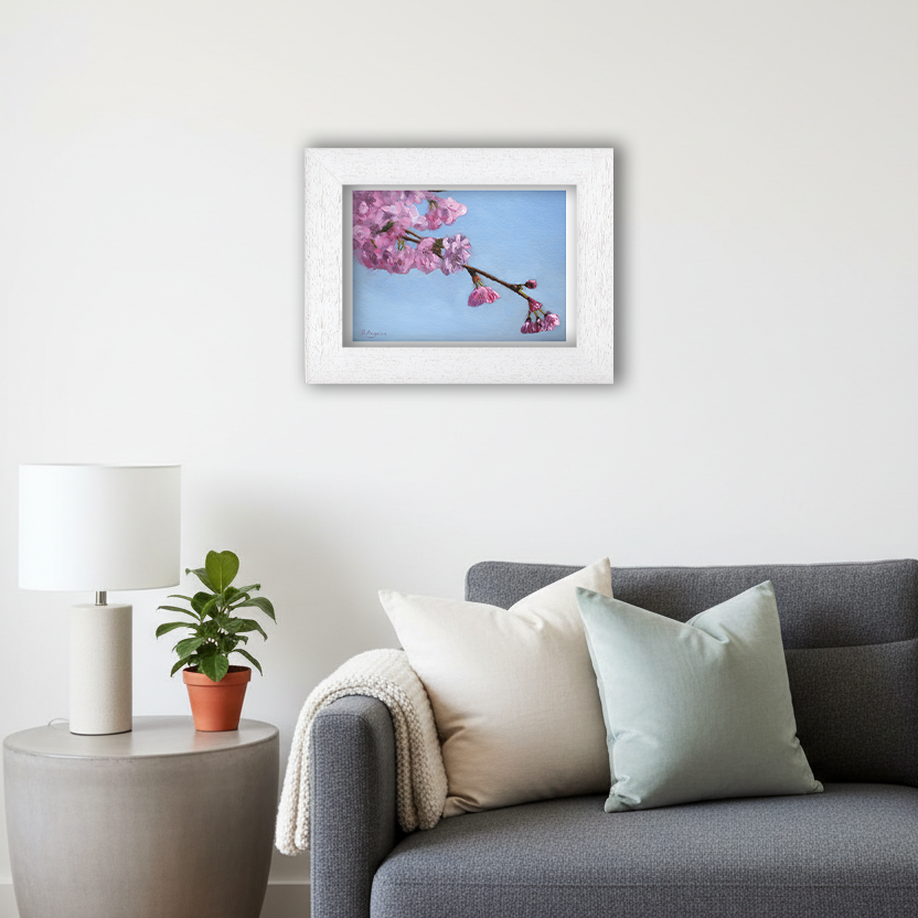 White Framed Cherry Blossom Tree Giclee Art Print in Living Room