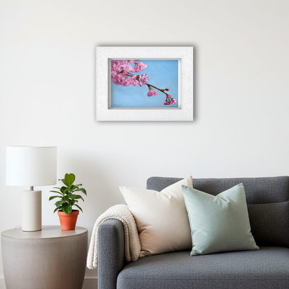 White Framed Cherry Blossom Tree Giclee Art Print in Living Room