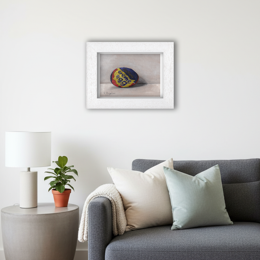 White Framed Crème Egg Giclee Art Print in Living Room