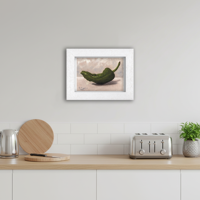 White Framed Green Chilli Giclee Art Print in Kitchen