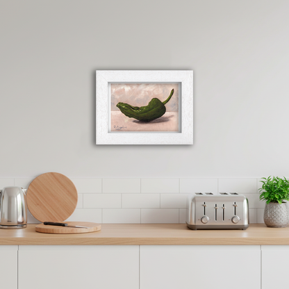 White Framed Green Chilli Giclee Art Print in Kitchen