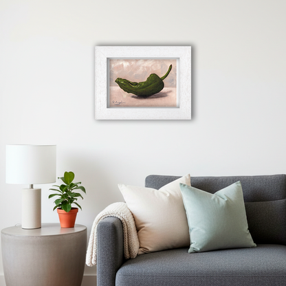 White Framed Green Chilli Giclee Art Print in Living Room