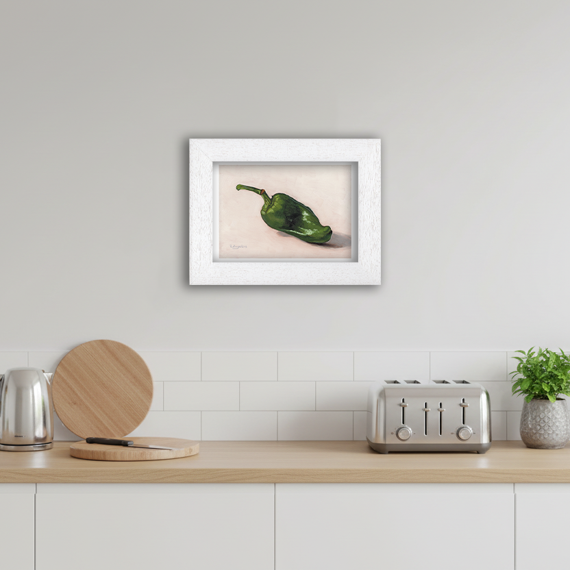 White Framed Green Padron Giclee Art Print in Kitchen