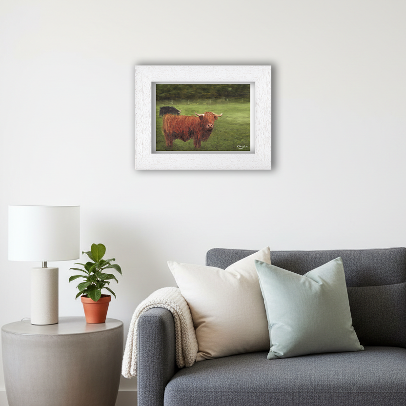 White Framed Highland Cows Giclee Art Print in Living Room