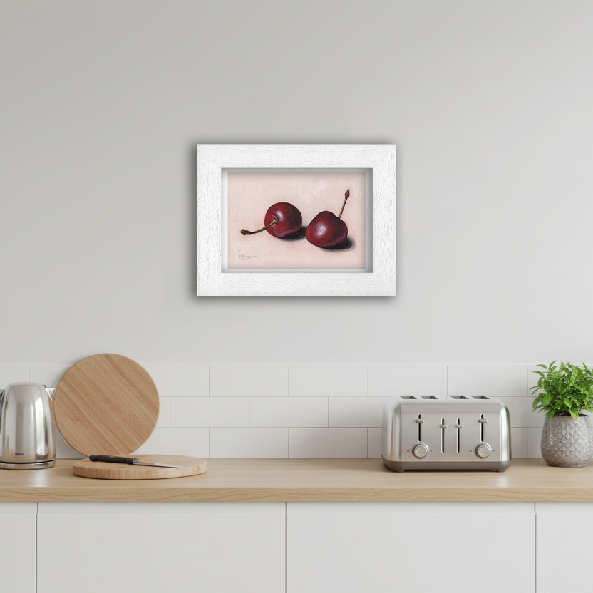 White Framed Pair of Cherries Giclee Art Print in Kitchen
