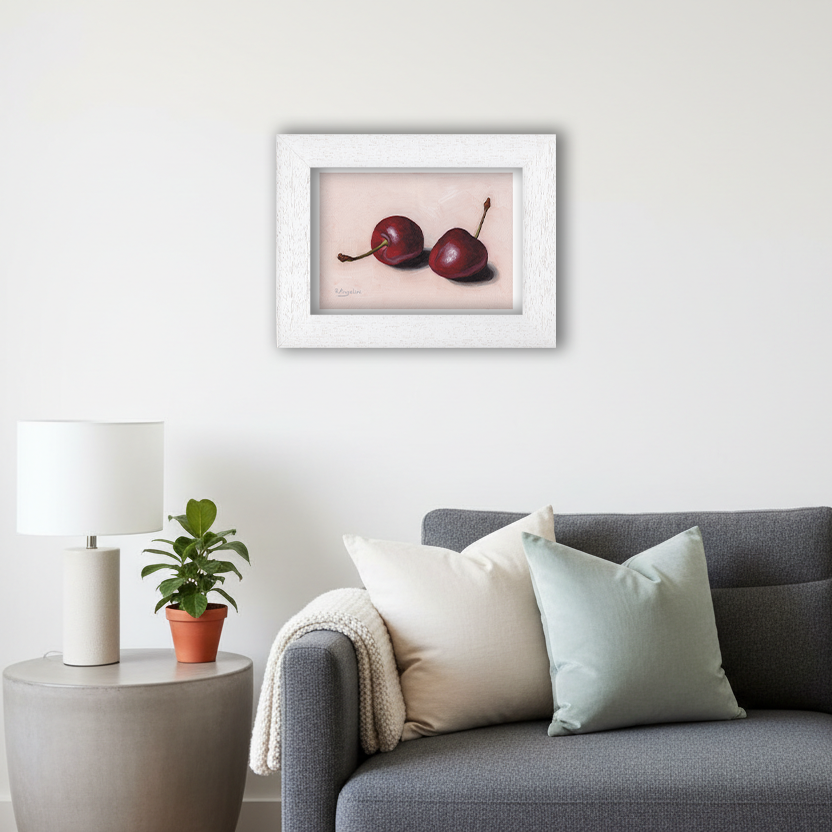 White Framed Pair of Cherries Giclee Art Print in Living Room