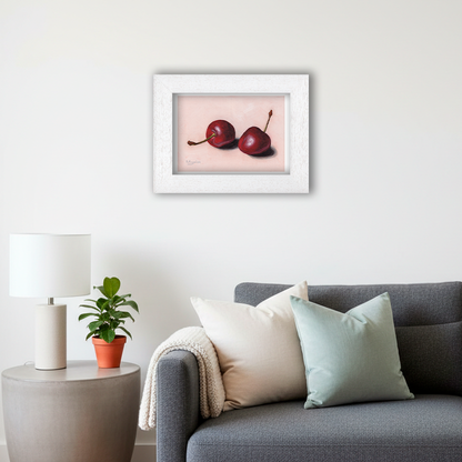 White Framed Pair of Cherries Giclee Art Print in Living Room