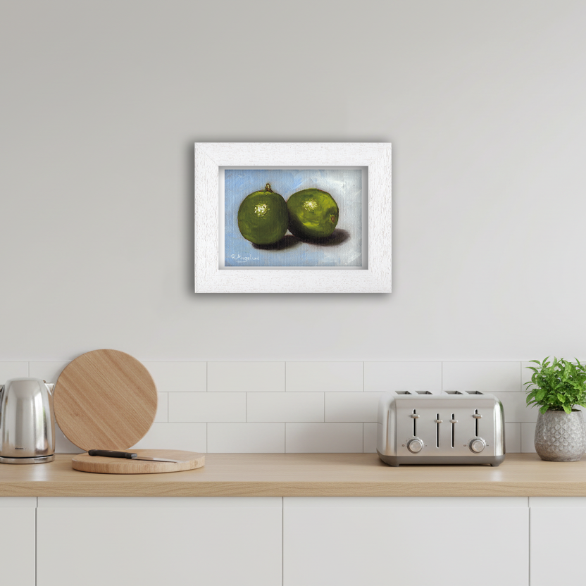 White Framed Pair of Limes Giclee Art Print in Kitchen