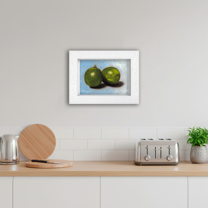 White Framed Pair of Limes Giclee Art Print in Kitchen