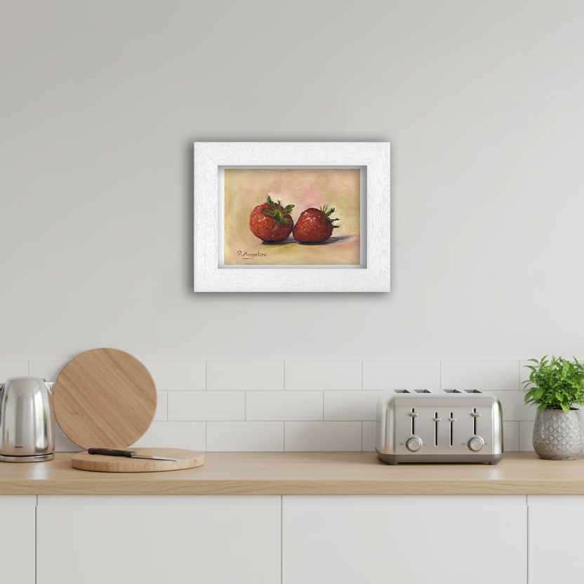 White Framed Pair of Strawberries Giclee Art Print in Kitchen