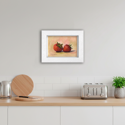White Framed Pair of Strawberries Giclee Art Print in Kitchen