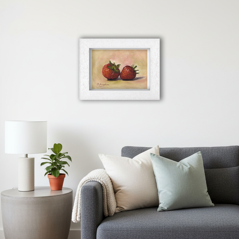 White Framed Pair of Strawberries Giclee Art Print in Living Room
