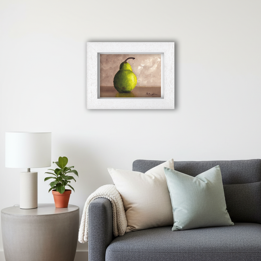 White Framed Pear Giclee Art Print in Living Room