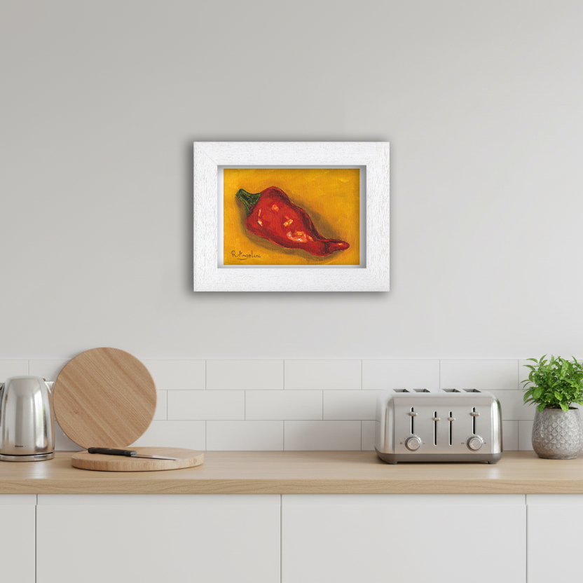 White Framed Red Pepper Giclee Art Print in Kitchen