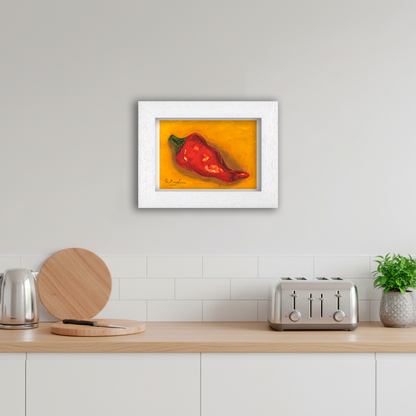 White Framed Red Pepper Giclee Art Print in Kitchen